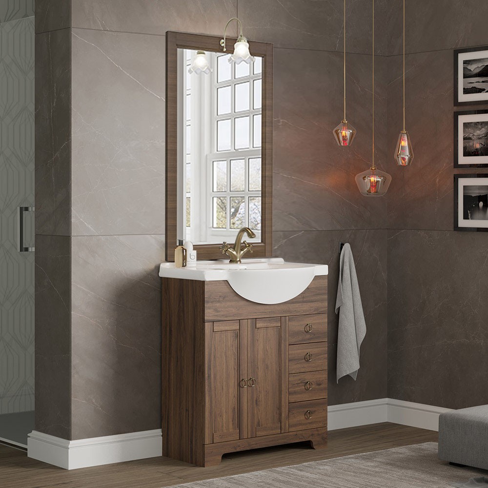 foto del prodotto mobile bagno a terra 75 noce con lavabo specchio e lampada romantica