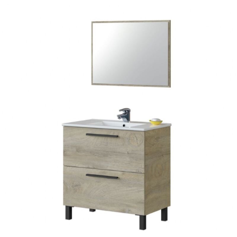 foto del prodotto mobile bagno a terra 80 cm 2 cassetti rovere con specchio e lavabo ad incasso argentera rovere chiaro con lampada led