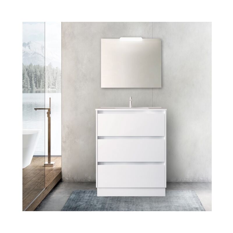 foto del prodotto mobile bagno a terra 80 cm 3 cassetti bianco lucido con lavabo ad incasso nova standard