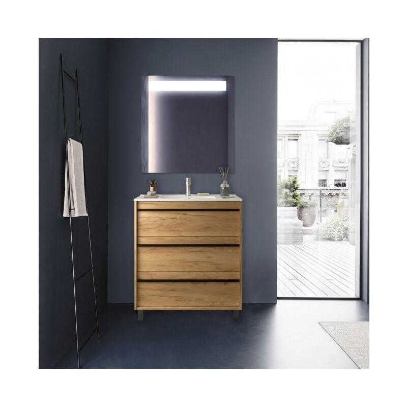 foto del prodotto mobile bagno a terra 80 cm 3 cassetti in legno rovere africa con lavabo ad incasso astoria 80 cm con doppia colonna specchio e lampada led
