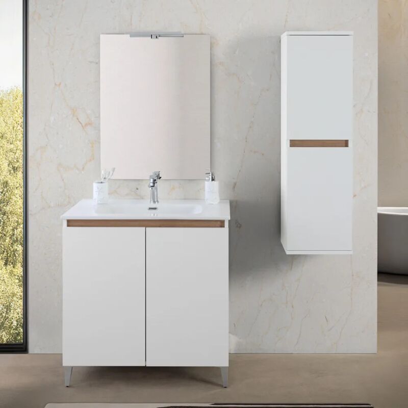 foto del prodotto mobile bagno a terra 80 cm bianco e rovere con 2 ante soft close kleo