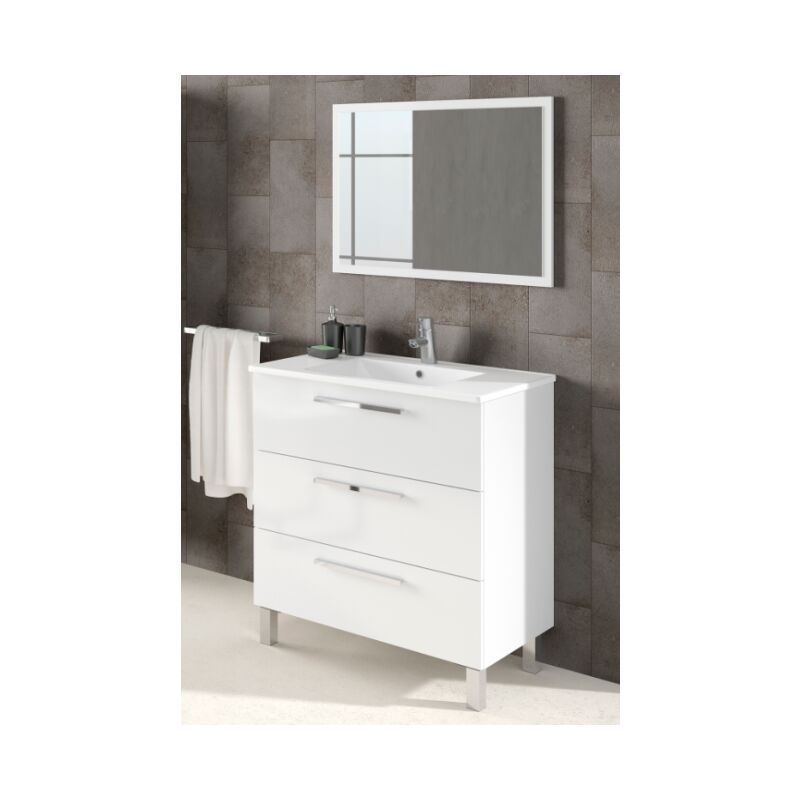 foto del prodotto mobile bagno a terra 80 cm bianco lucido con specchio argentera bianco lucido con colonna e lampada led