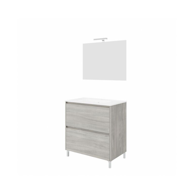 foto del prodotto mobile bagno a terra 80 cm in legno rovere grigio con lavabo e specchio francia con specchio e lampada led