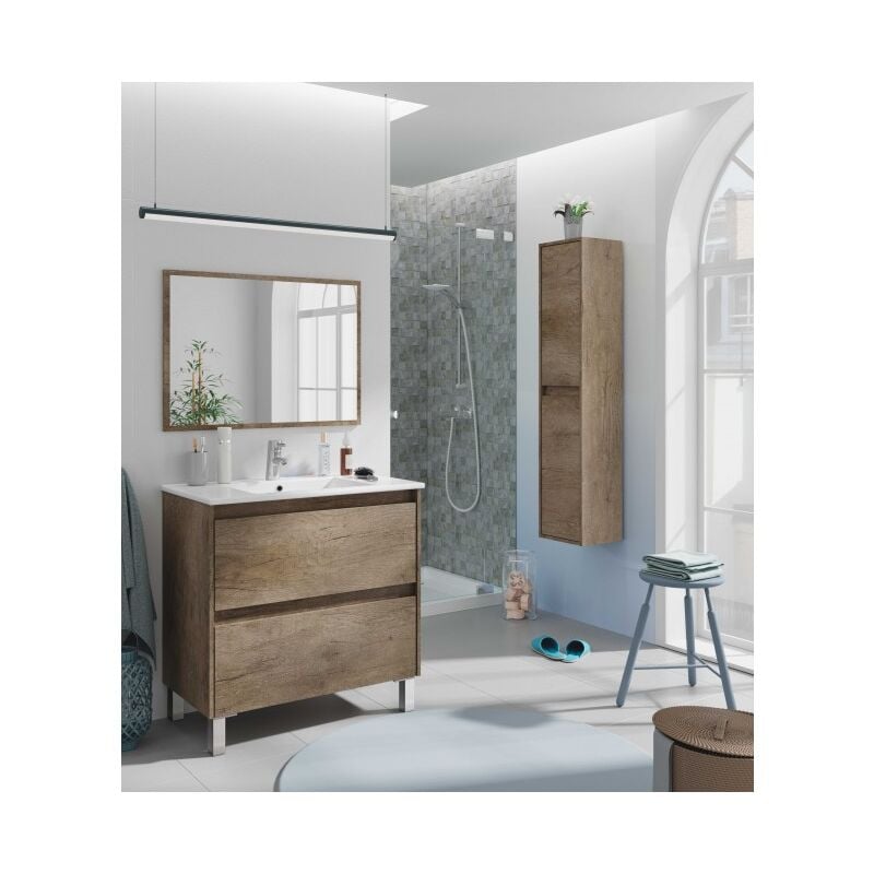 foto del prodotto mobile bagno a terra 80 cm nordik con specchio - ravenna - colore con doppia colonna e lampada led
