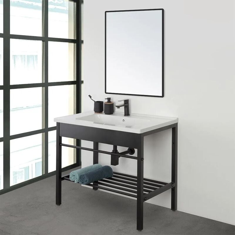 foto del prodotto mobile bagno a terra 80 cm stile industrial nero opaco con specchio borg