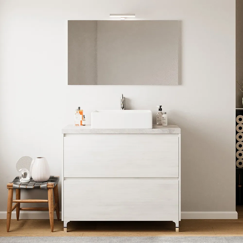 foto del prodotto mobile bagno a terra 80 rovere bianco top cenere con specchio led lisbona