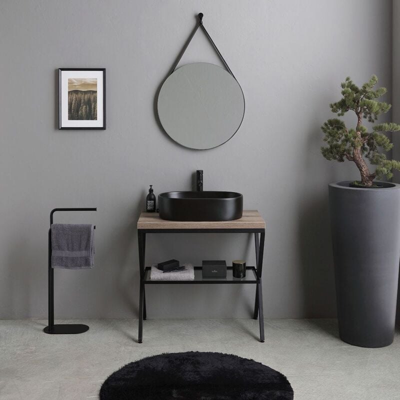 foto del prodotto mobile bagno a terra 80cm con lavabo e specchio tondo manchester