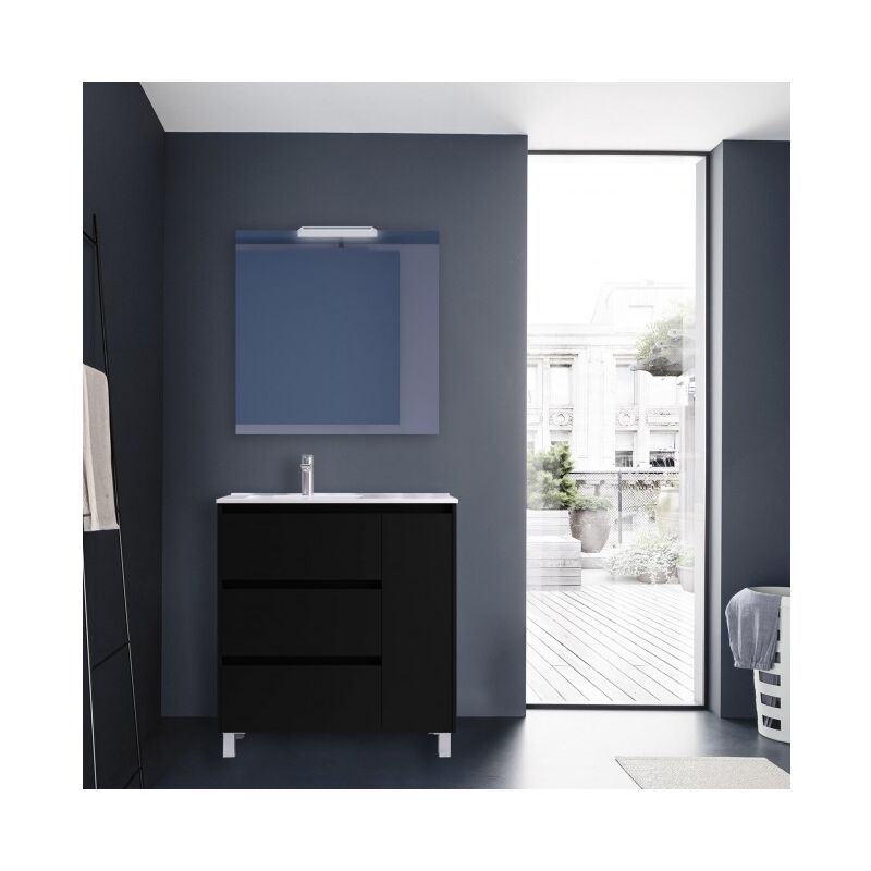 foto del prodotto mobile bagno a terra 85 cm 3 cassetti e 1 anta in legno nero satinato con lavabo ad incasso nova standard