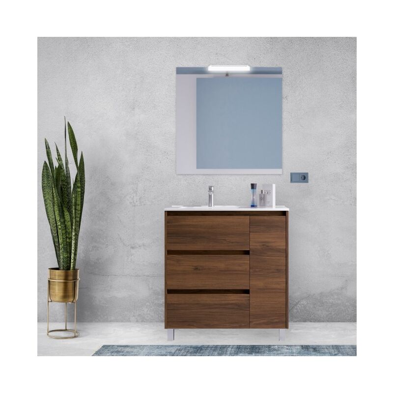 foto del prodotto mobile bagno a terra 85 cm 3 cassetti e 1 anta in legno noce maya con lavabo ad incasso nova 85 cm standard