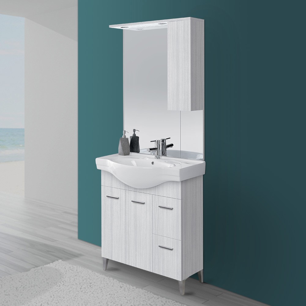 foto del prodotto mobile bagno a terra 85 cm grigio con pensile su specchio led desya