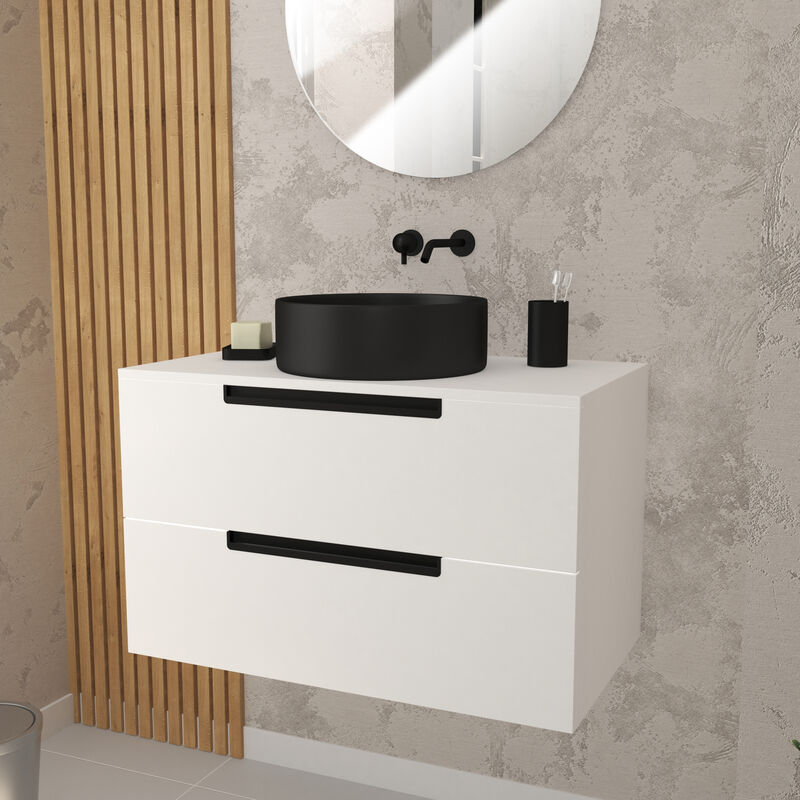 foto del prodotto mobile bagno bianco laccato 80 cm 2 cassetti lavabo rotondo nero opaco 36 cm jazz
