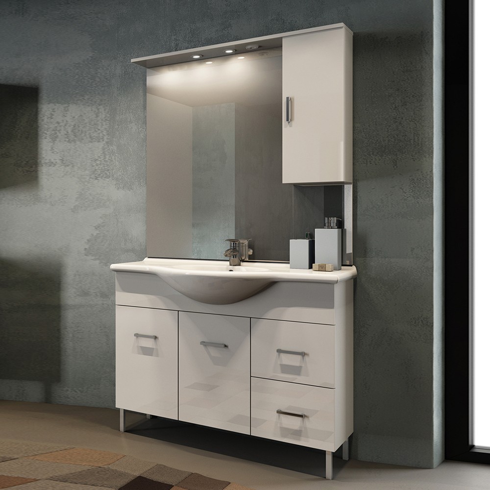 foto del prodotto mobile bagno bianco lucido venice cm 105 con lavabo e specchio