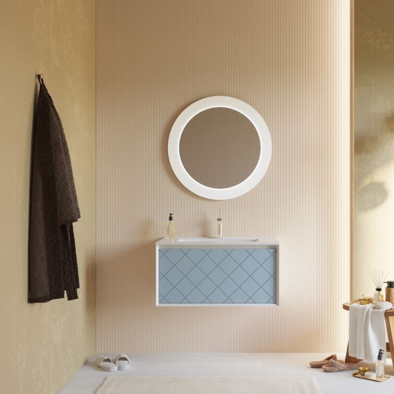 foto del prodotto mobile bagno celeste opaco 80cm con lavabo e specchio tondo 75cm miami