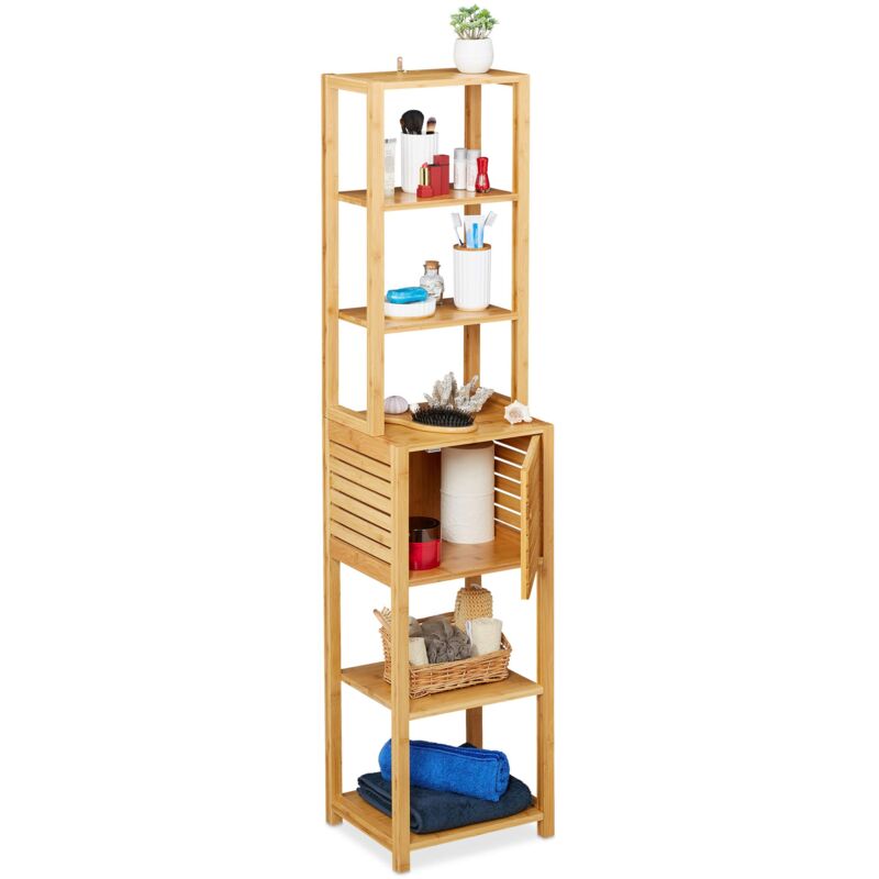 foto del prodotto mobile bagno colonna in bamb , 7 ripiani armadietto con anta, cucina, scaffale, 149 x 35 x 29 cm, naturale relaxdays