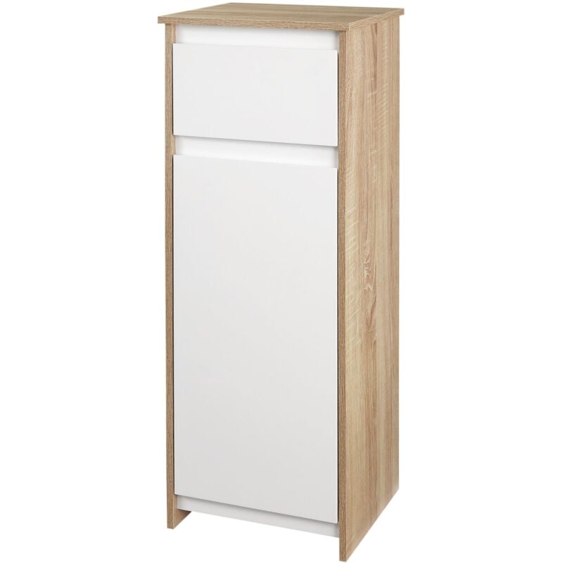 foto del prodotto mobile bagno con cassetto e armadietto con ripiano regolabile interno 32,6x30x90 cm in mdf bianco e legno naturale