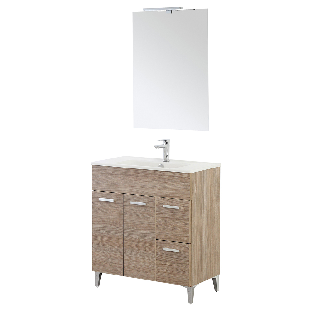 foto del prodotto mobile bagno con lavabo e specchio 2 ante 2 cassetti l 80cm rovere tropea linea greta feridras 900003