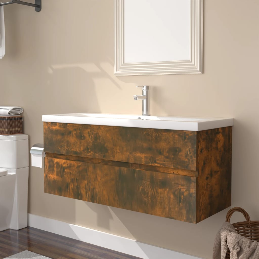 foto del prodotto mobile bagno con lavabo integrato rovere fumo legno multistrato cod mxl 73113