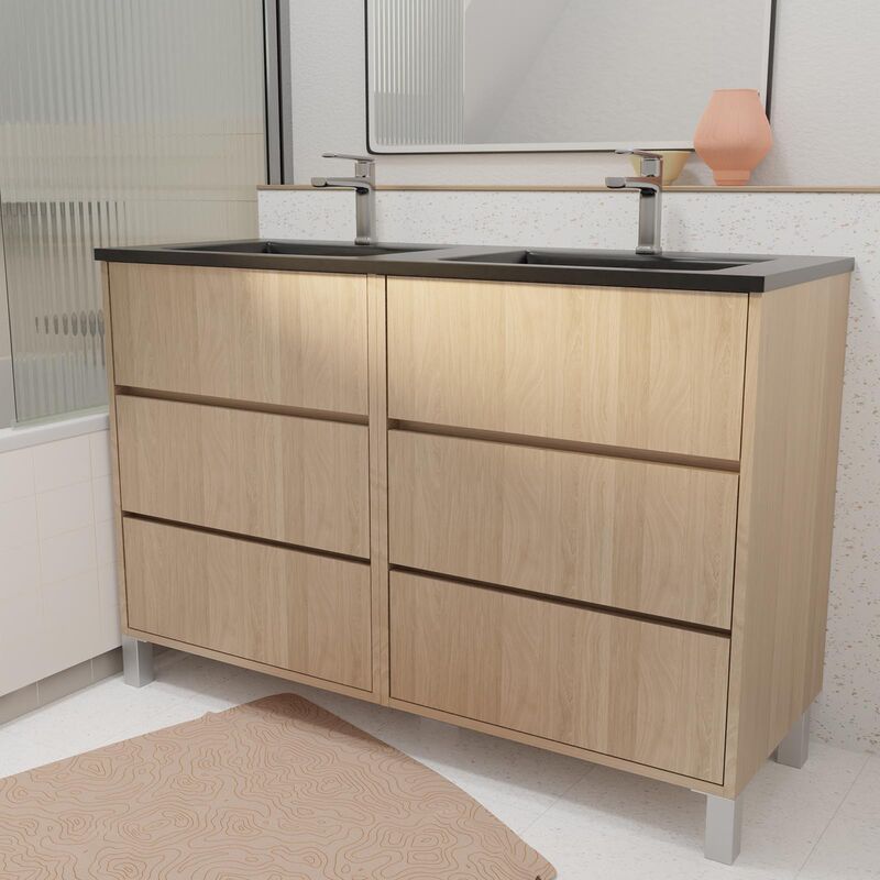 foto del prodotto mobile bagno da 120 cm 6 casseti rovere chiaro lavabo doppio ceramica nera xenos