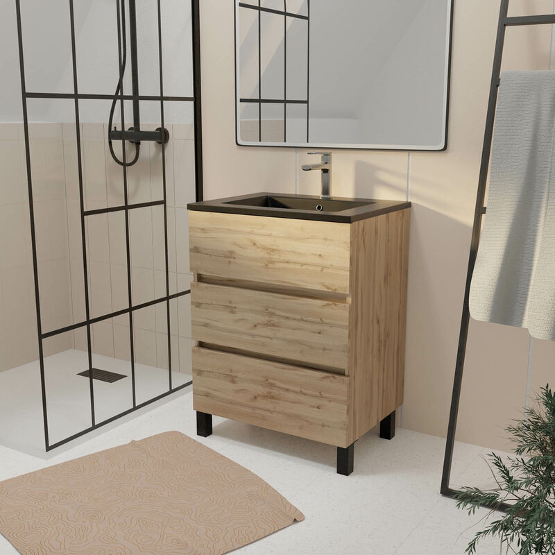 foto del prodotto mobile bagno da 60 cm 3 casseti rovere naturale lavabo ceramica nera timber