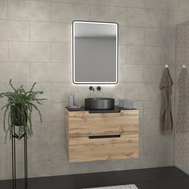 foto del prodotto mobile bagno da 80 cm con 2 cassetti - rovere e nero - lavabo rotondo - specchio black led 60x80 - omega