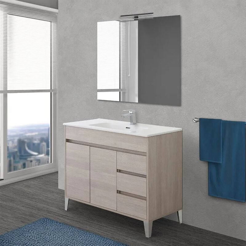 foto del prodotto mobile bagno da terra 100 cm rovere chiaro con specchio e lavabo way