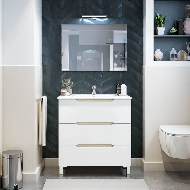 foto del prodotto mobile bagno da terra 80 cm bianco e rovere con top e specchio brillo