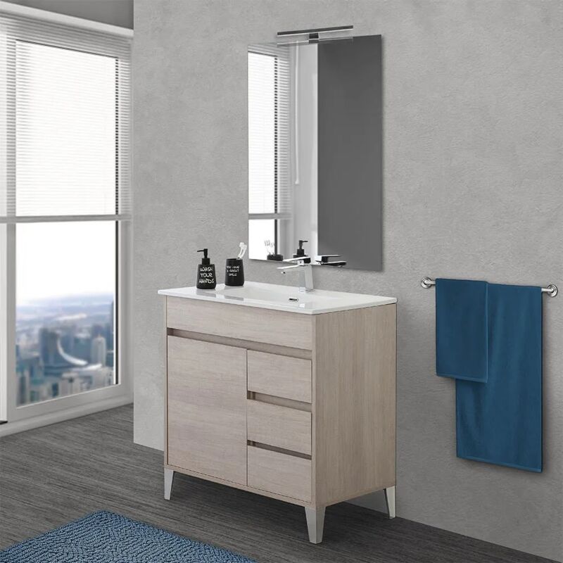 foto del prodotto mobile bagno da terra 80 cm linea way rovere chiaro con specchio e lavabo