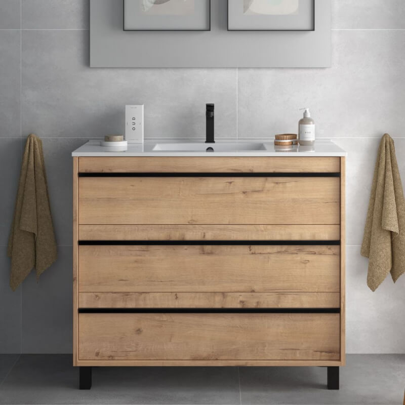 foto del prodotto mobile bagno geco100 rovere ostippo con lavabo 3 cassetti 100x45x86h