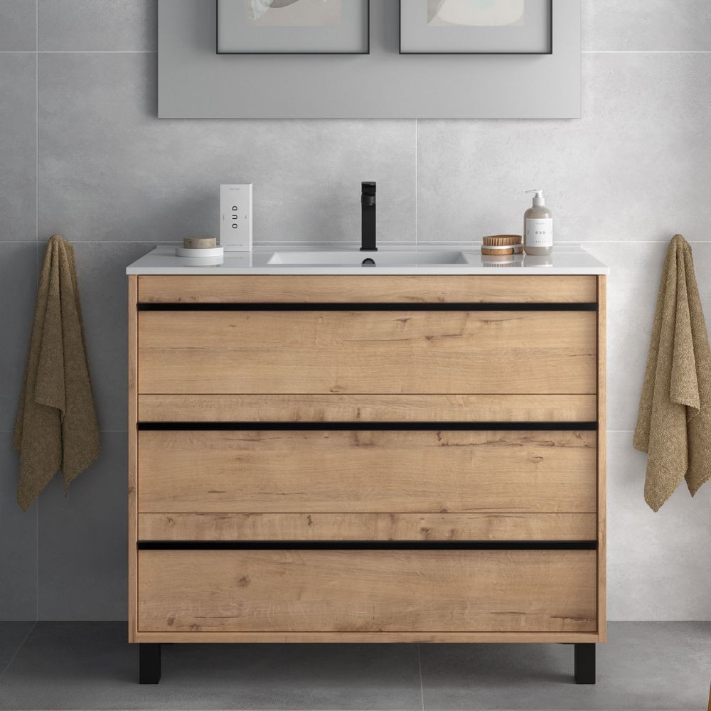 foto del prodotto mobile bagno geco100 rovere ostippo con lavabo 3 cassetti 100x45x86h