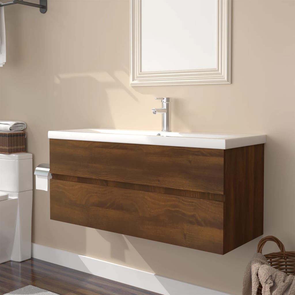 foto del prodotto mobile bagno lavabo integrato rovere marrone legno multistrato