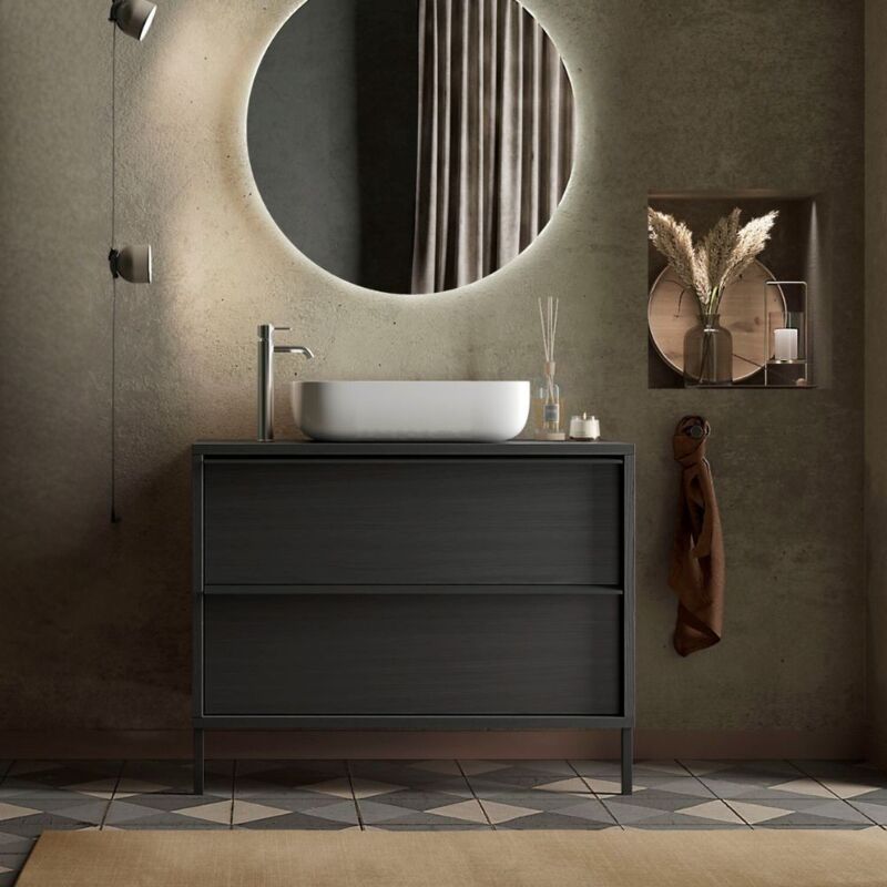 foto del prodotto mobile bagno nero frassinato con cassetti e lavabo appoggio incluso 79x78h cm nesto