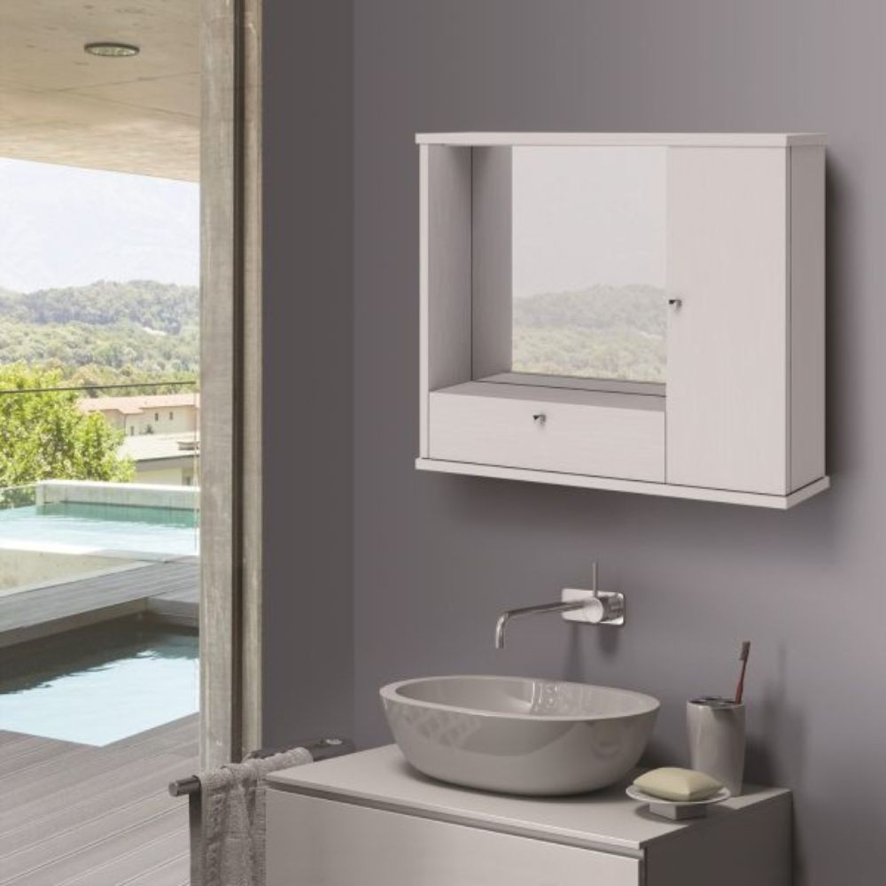 foto del prodotto mobile bagno pensile bianco con specchio e ante 73x14x61h