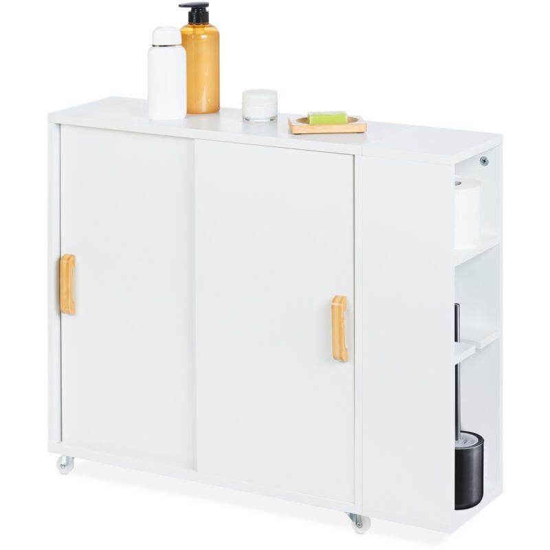 foto del prodotto mobile bagno porta scopino, ruote e 4 scomparti, carrellino slim, 62x19,5x64 cm, mdf e bamb , naturale bianco relaxdays