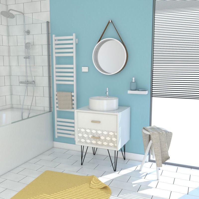 foto del prodotto mobile bagno scandinavo bianco 60 cm con piedini, cassetto, lavabo da appoggio e specchio rotondo