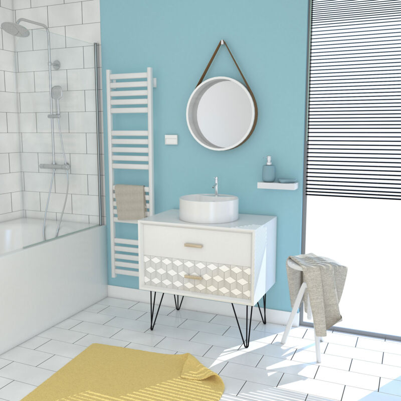 foto del prodotto mobile bagno scandinavo bianco 80 cm con piedini, cassetto, lavabo da appoggio e specchio rotondo