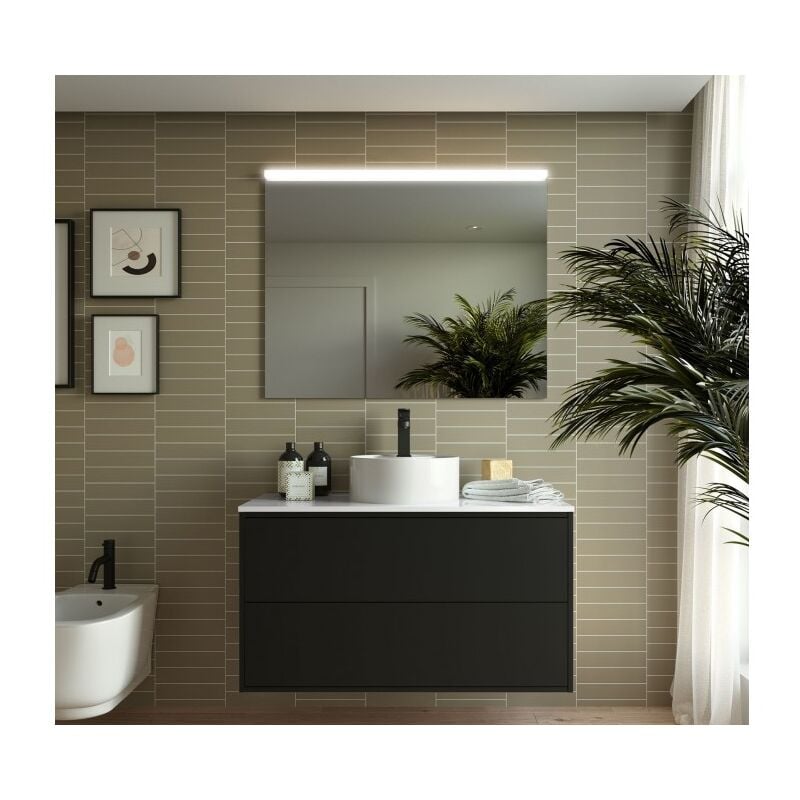 foto del prodotto mobile bagno sospeso 100 cm 2 cassetti in legno nero opaco con lavabo d appoggio olympus 100 cm standard