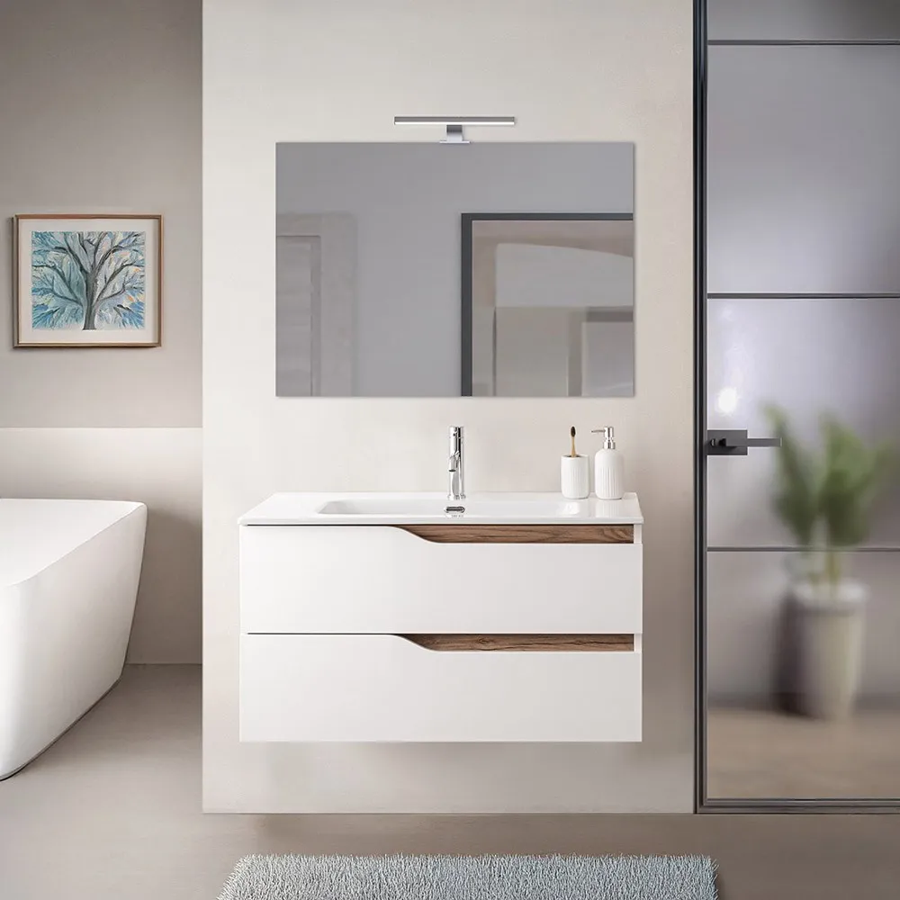 foto del prodotto mobile bagno sospeso 100 cm bianco e quercia con lavabo e specchio sumya