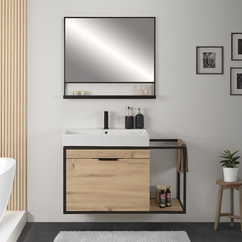 foto del prodotto mobile bagno sospeso 100 cm in legno e metallo nero con specchio zante