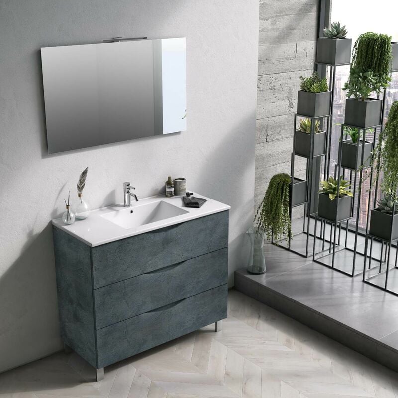 foto del prodotto mobile bagno sospeso 100 cm lavabo specchio e lampada a led tft marte pietra blu