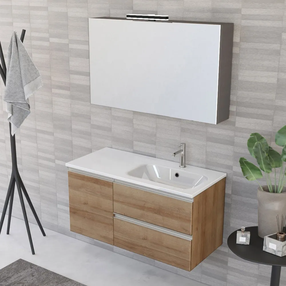 foto del prodotto mobile bagno sospeso 100 cm master rovere con lavabo e specchio contenitore