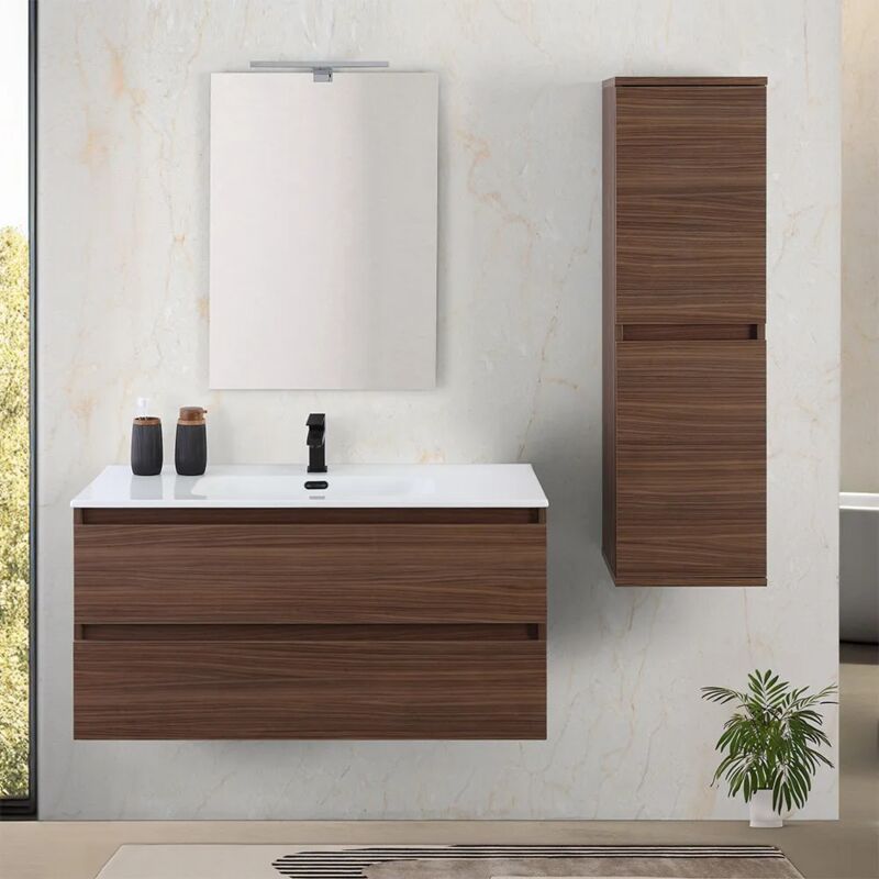 foto del prodotto mobile bagno sospeso 100 cm noce canaletto con cassetti soft close kleo