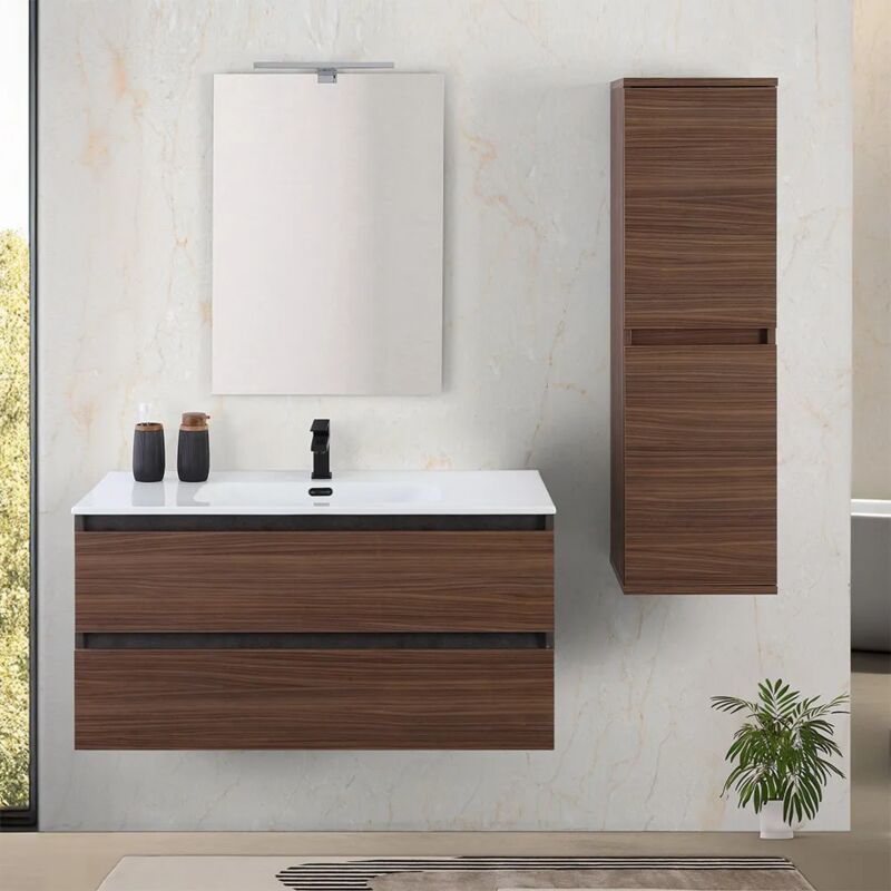 foto del prodotto mobile bagno sospeso 100 cm ossido e noce con cassetti soft close kleo