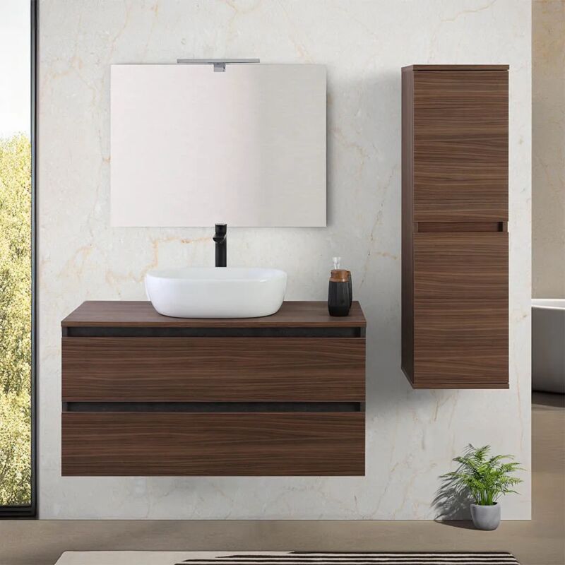 foto del prodotto mobile bagno sospeso 100 cm ossido e noce con top lavabo e specchio kleo