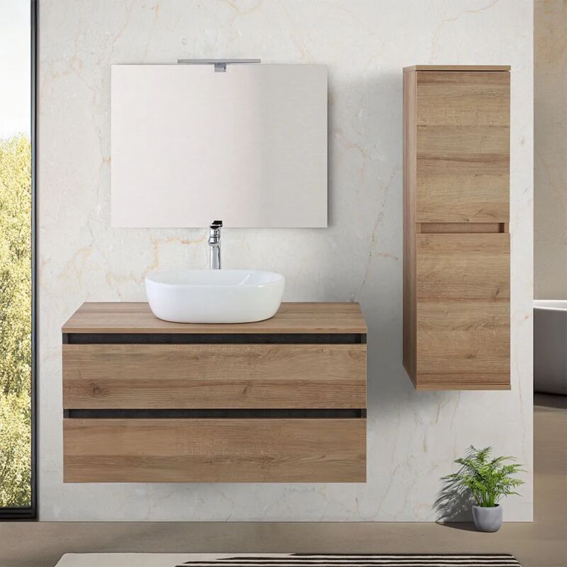 foto del prodotto mobile bagno sospeso 100 cm ossido e rovere con top lavabo e specchio kleo
