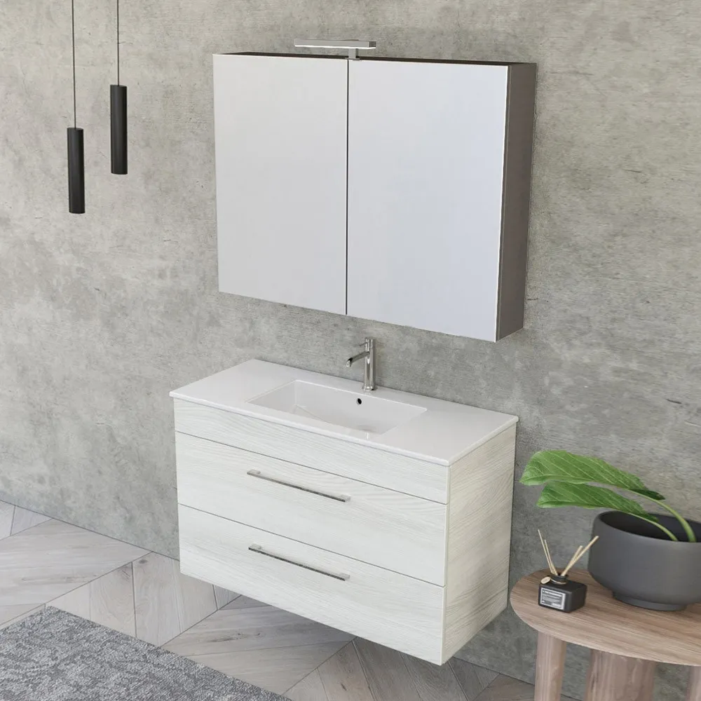 foto del prodotto mobile bagno sospeso 100 cm smart bianco legno con specchio contenitore