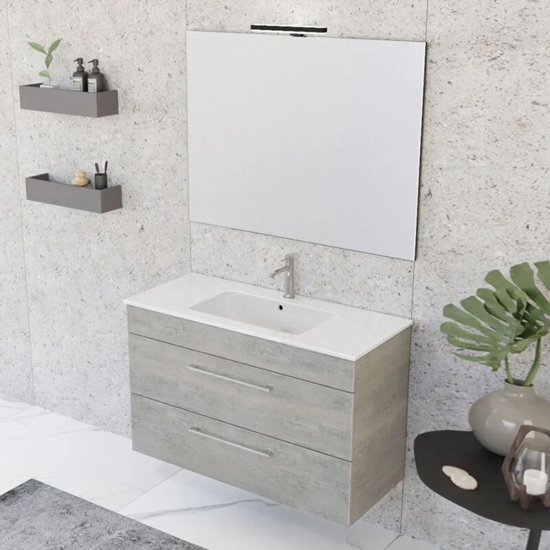 foto del prodotto mobile bagno sospeso 100 cm smart grigio legno con lavabo e specchio