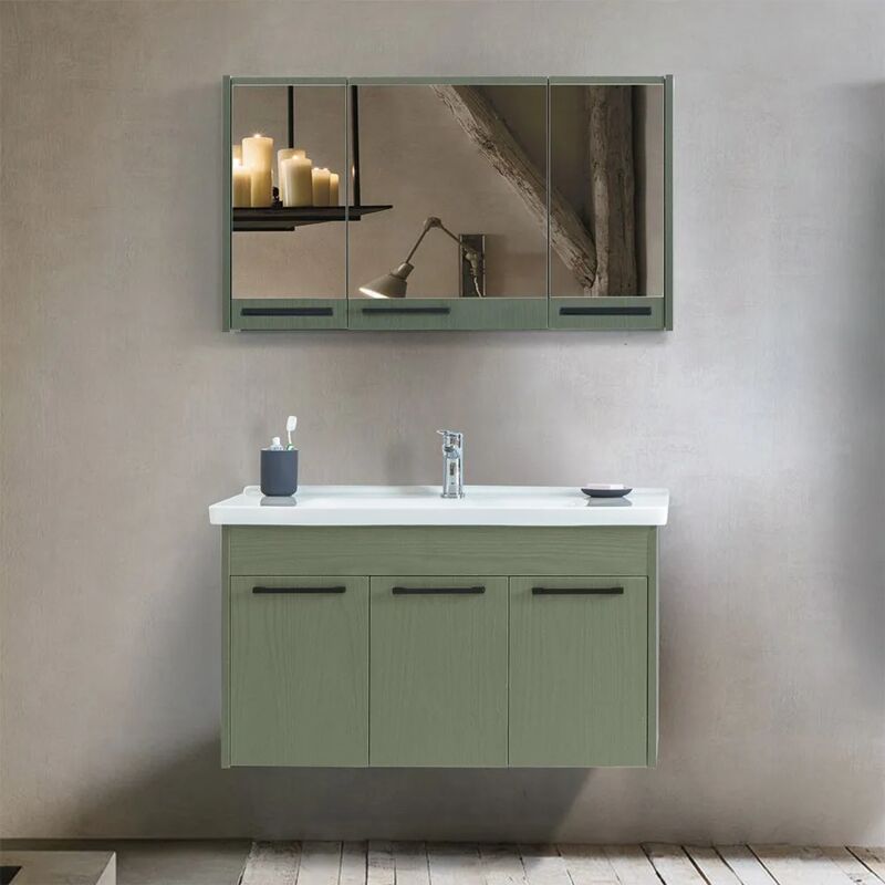 foto del prodotto mobile bagno sospeso 100 cm verde effetto legno con armadietto a specchio sofia