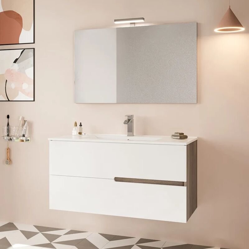foto del prodotto mobile bagno sospeso 100 rovere grigio e bianco con lavabo e specchio eva