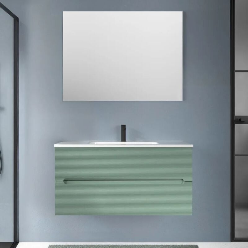 foto del prodotto mobile bagno sospeso 100 verde cannettato 2 cassetti lavabo e specchio rigo