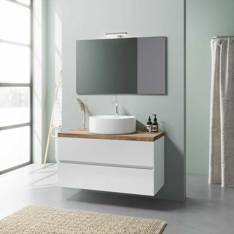 foto del prodotto mobile bagno sospeso 100cm bianco lucido top rovere lavabo a ciotola elba